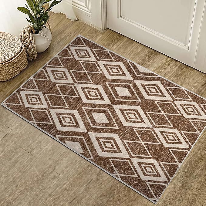 2x3 Moroccan Rug for Bathroom Entryway Western Boho Terracotta Modern Farmhouse Area Rug Machine Washable Non-Slip Small Mat Tribal Series Carpet for Bedroom Kitchen