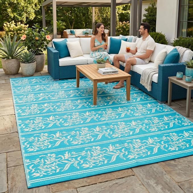 Garvee Outdoor Rugs 8x10 Waterproof Reversible Mat Boho Leaf Patio Rug with 4 Stakes and Starage Bag, Large Outdoor RV Mat Rugs for Camping, Picnic, Balcony, Deck, Backyard, Teal & White