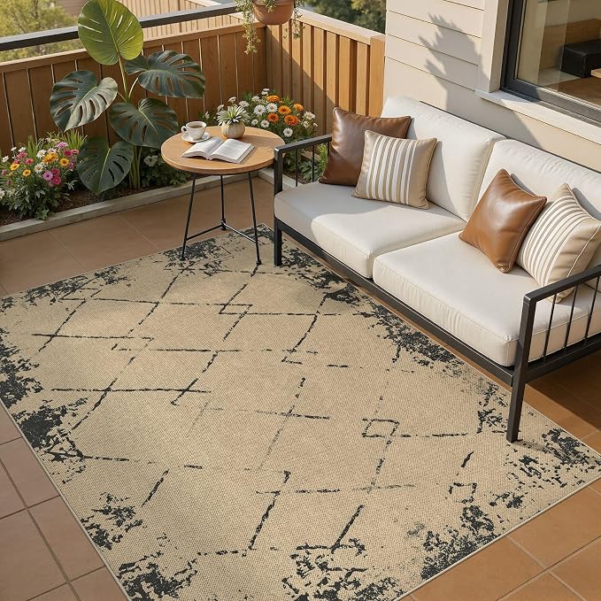 UERMEI 4x6 Outdoor Jute Area Rug Patio Neutral Washable Modern Brown | Easy Non Slip Pet Friendly Indoor Farmhouse Carpet for Living Room Bedroom Dining Backyard