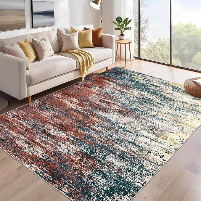 ROYHOME Washable Rug 5x7 Abstract Area Rug for Living Room, Red Multi | Non Slip Foldable Soft Rugs for Bedroom, Stain Resistant Rugs Modern Fuzzy Rug, Indoor Floor Carpet for Entryway Home