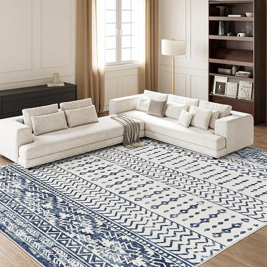 Art&Tuft 9x12 Area Rugs for Living Room, Large Washable Area Rug, Blue | Low Pile, Soft & Lighweight, Folable, Stain Resistant Indoor Floor Mat Moroccan Carpet for Bedroom, Dining Room, Home Office