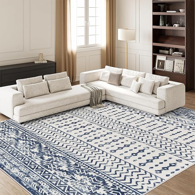 Art&Tuft Washable Rugs 8x10, Area Rugs for Living Room, Blue | Low Pile, Soft & Lighweight, Folable, Stain Resistant Indoor Floor Mat Moroccan Carpet for Bedroom, Dining Room, Home Office