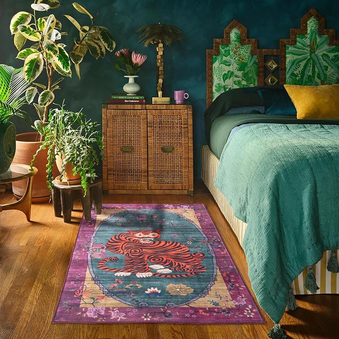 Tiger Rug Washable 3x5 ft Oriental Traditional Animal Print Vintage Fuchsia Floral Tibetan Rugs for Bedroom Kitchen Living Room Indoor Entryway