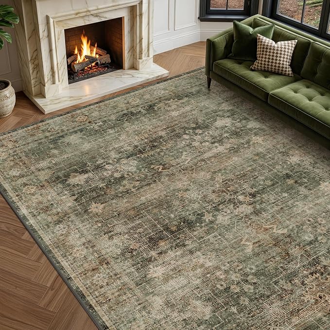 Boho 8x10 Moss Green Area Rugs for Living Room, Bedroom, Cottagecore Vintage Abstract Distressed Washable Rug for Dining Room, Stain Resistant Low Pile Non-Slip Ultra Soft, Moody Décor