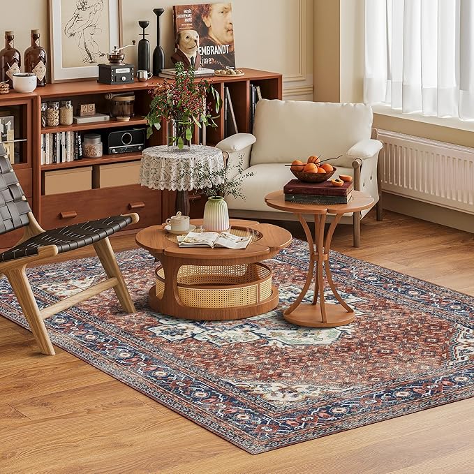 Washable Area Rug 6' x 9' Vintage Traditional Persian Mat - Foldable Distressed Non-Slip Machine Washable Carpet for Living Room Bedroom Kitchen Home Decor - Terracotta and Navy