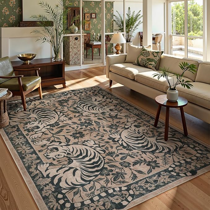 LIVEBOX Tiger Washable Area Rug 8x10, Boho Rugs for Living Room Non-Slip Jungle Floral Bedroom Rug, Vintage Soft Western Animal Floor Carpet for Dining Room Home Office Dorm (Taupe)
