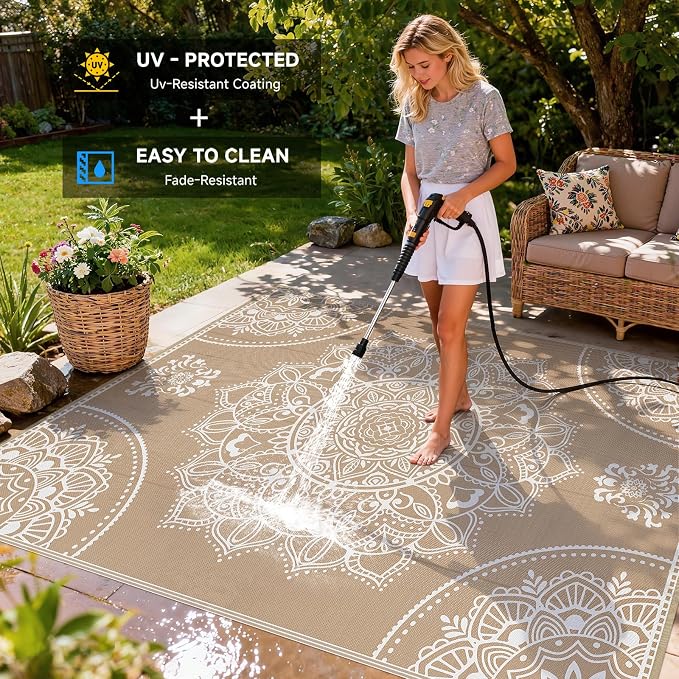 Pauwer Waterproof Outdoor Rug 9x12, Reversible Plastic Straw Patio Camping Rug, Indoor Outdoor RV Mat Carpet for Deck, Camper, Porch, Balcony, Backyard, Picnic, Floral Brown