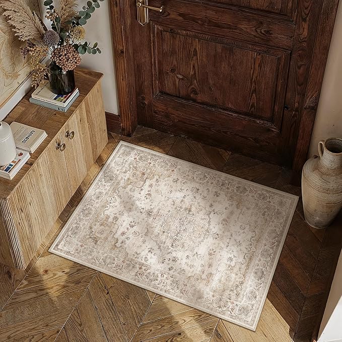 Beige Area Rug 2x3 Entryway Vintage Floral Non-Slip Door Mat | Machine Washable, Soft, Low Pile, Distressed, for Kitchen, Hallway, Bathroom, Retro Neutral Decor