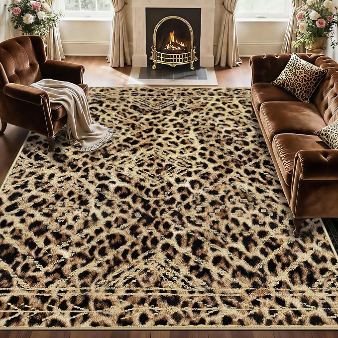 5'x7' Washable Area Rug for Living Room Bedroom Leopard | Soft Western No Slip Low Pile Print Foldable Indoor for Kitchen Dining Room