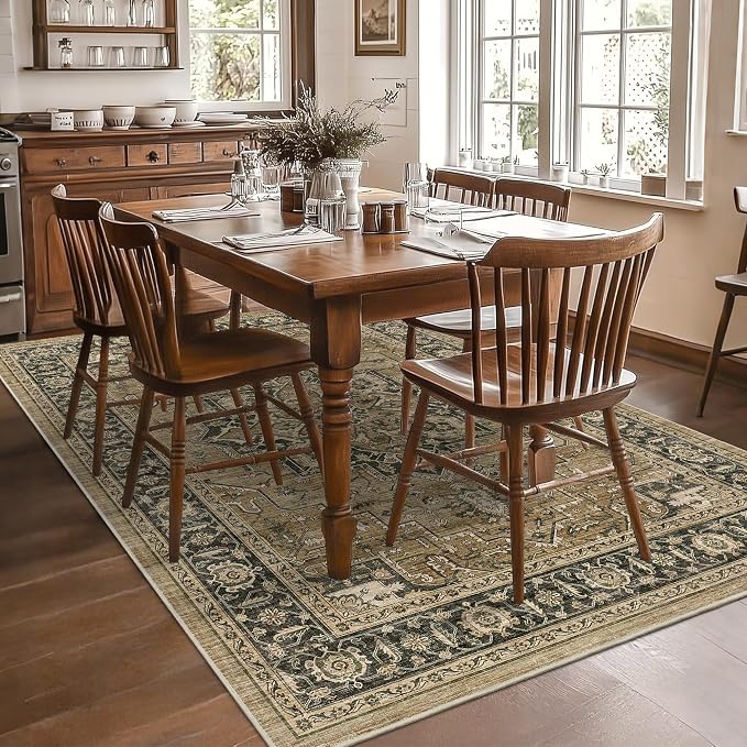 5x7 Area Rug for Living Room Soft Washable Vintage Boho Area Rug | Non-Slip, Retro Print, Low Pile, Stain Resistant, Soft Washable Green Carpet, for Bedroom, Dining Room, Nursery, Home Office