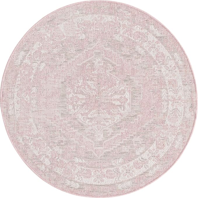 Unique Loom Outdoor Traditional Collection Area Rug - Valeria (4' 1" Round, Pink/ Ivory)