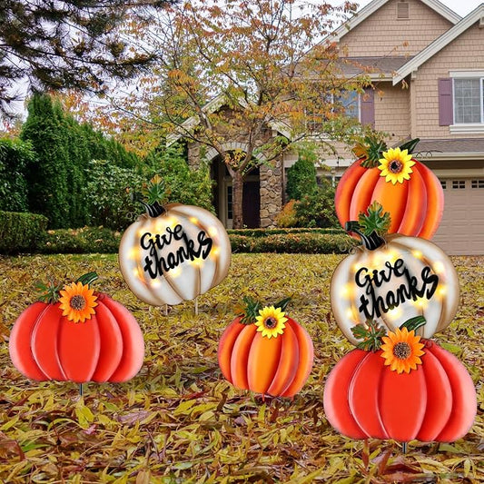 Fovths 39 Inches 3 Pieces Thanksgiving Metal Outdoor Fall Decorations, Giant LED Pumpkin Garden Lawn Patio Yard Signs, Metal Fall Waterproof Yard Sign for Home Thanksgiving Harvest Driveway Decor