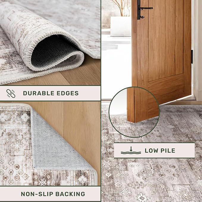Washable Farmhouse Living Room Rug, 9x12 Area Rugs for Bedroom, Dining Room Under Table Carpet, Kids Room, Large Boho Vintage Non-Slip Floral Rugs Low Pile Stain Resistant (9x12 Beige/Latte)