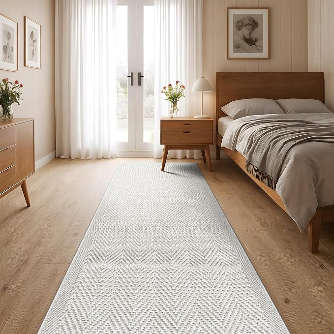 CAMILSON Indoor and Outdoor Runner Rug Off-White Herringbone Seagrass Boho Design Easy-Cleaning Non Shedding Fiber Living Room Bedroom Garden Patio and Kitchen Washable Outside Carpet Alfombras (2x7)
