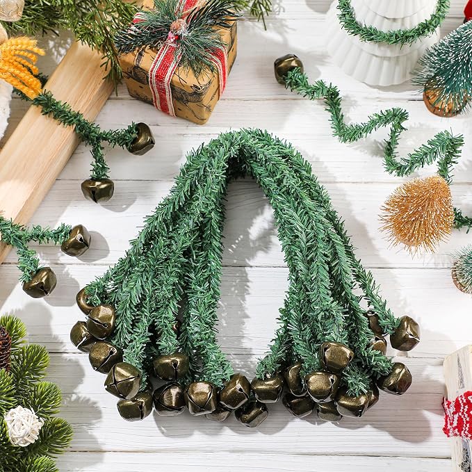 50 Pcs 20 Inches Christmas Garland Ties with Bells Decorative Twist Ties Garland Hanger for Banister Stairs Railing Garden Reusable Flexible Twist for Xmas Holiday Decorations (Bronze)