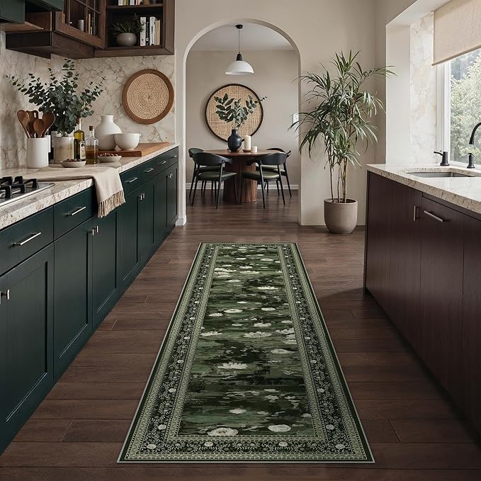 Green Runner Rug 2x6 Kitchen Vintage Floral Non-Slip Carpet | Machine Washable, Soft, Low Pile, Distressed, for Hallway, Entryway, Laundry Room, Impressionist Farmhouse Decor