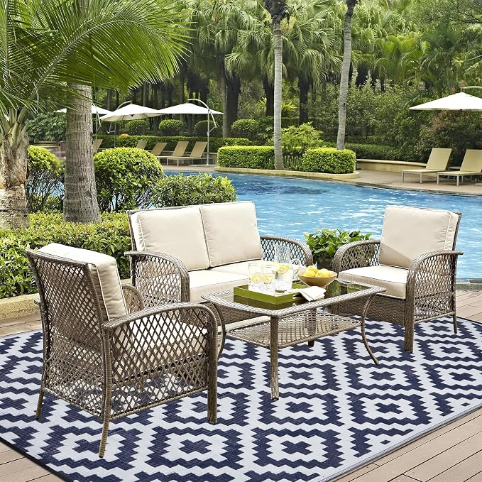 SAND MINE Reversible Mats, Plastic Straw Rug, Modern Area Rug, Large Floor Mat and Rug for Outdoors, RV, Patio, Backyard, Deck, Picnic, Beach, Trailer, Camping, Dark Blue & White, 6' x 9'