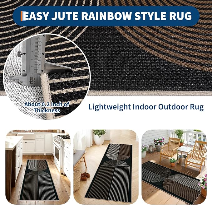 GarveeHome Easy Jute Runner Rugs 2x8 Modern Rainbow Rug for Hallway Kitchen Non Slip Indoor Outdoor Runner Door Mat for Laundry Porch