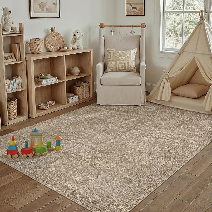 4x6 Light Brown Vintage Floral Washable Area Rug for Entryway | Low Pile, Non Slip, Retro Style, Soft Distressed Indoor Rug for Bedroom, Dining Room, Kitchen, Entrance, Home Decor