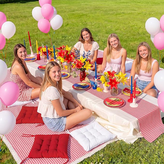 Extra Large Outdoor Picnic Blanket with Table Runner and Floor Pillow Cushion for Picnic Wedding Birthday Baby Shower Backyard Decor(59 x 102'',Burgundy,White,8 Pcs)