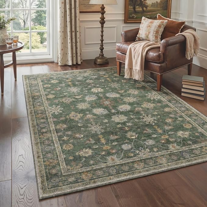 8X10 Living Room Area Rug, Boho Floral Vines Washable Non Slip | Floral Vintage Rug for Bedroom Dining Room, Dusty Green Soft Low Pile Faux Wool, Stain Resistant Non-Shedding Pet-Friendly