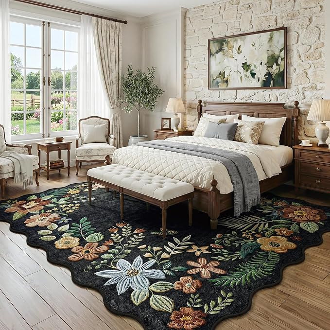 FMFUNCTEX 8x10 Washable Black Floral Vintage Boho Area Rug for Living Room | Soft Flower Colorful Traditional Distressed Non Slip Low Pile Large Indoor Thin Carpet Bedroom Dining Room Nursery,Black/Grey