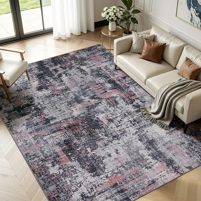 Sasttie 10x14 Washable Area Rug, Modern Abstract Large Carpet, Black & Pink | OEKO-TEX Certified, Ultra-Soft Faux Wool, Low Pile, Non-Slip, Lightweight, Thin, for Living Room, Bedroom, Dinning Room