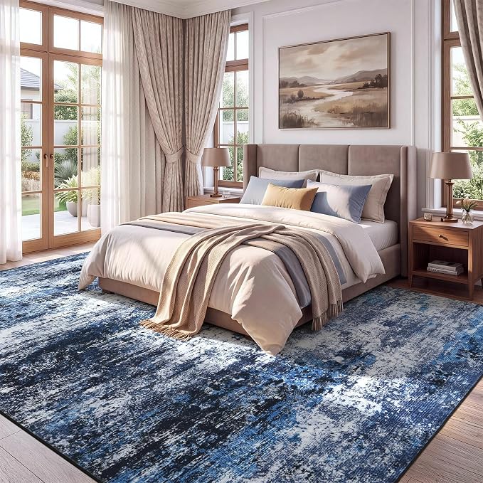 8x10 Area Rug for Living Room, Abstract Washable Large Rugs, Blue Gray | Soft Neutral Carpet for Bedroom, Dining Room, Home Office Nursery Indoor, Stain Resistant, Non-Slip, Low Pile Modern Rug