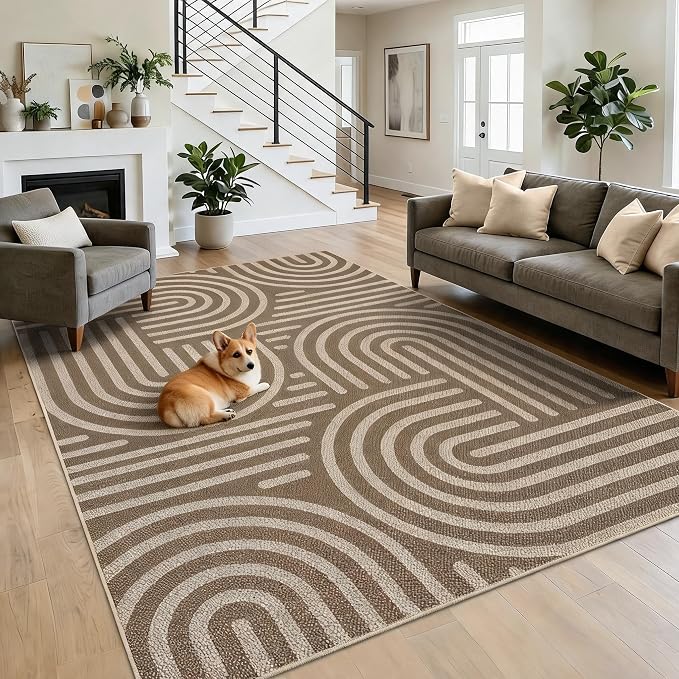 Garvee Large Area Rug 10x13 Rugs Modern Abstract Washable Rug | Brown Rainbow Area Rug Stain Resistant Easy Cleaning Throw Rugs Low Pile Floor Cover for Nursery Dining Room Apartment