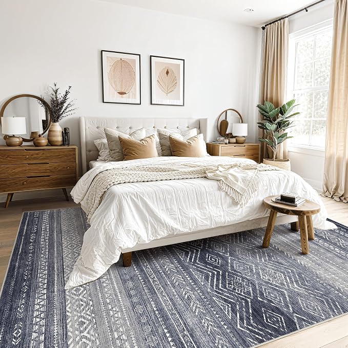 Tortania Area Rug Living Room Rugs- 12x15 Washable Large Soft Neutral Boho Moroccan Bohemian Farmhouse Rug Indoor Floor Carpet for Bedroom Under Dining Table Home Office Decor - Blue Gray