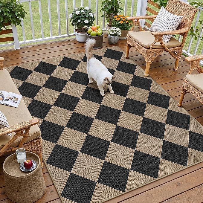 PureCozy 3x5 Checkered Easy Jute Outdoor Patio Rug Washable Area Rugs for Living Room Entryway Textured Diamond Indoor Outdoor Mat Farmhouse Neutral Non Slip Black Door Carpet for Backyard Bedroom