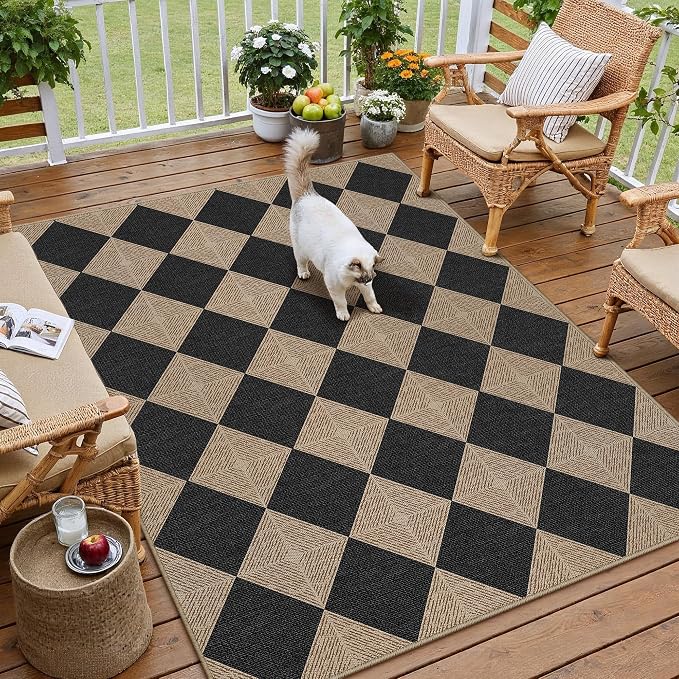 PureCozy 4x6 Checkered Easy Jute Area Rug for Living Room Checkerboard Washable Indoor Outdoor Carpet Farmhouse Patio Office Mat Textured Diamond Non Slip Black Carpet for Dorm Backyard Dining Room