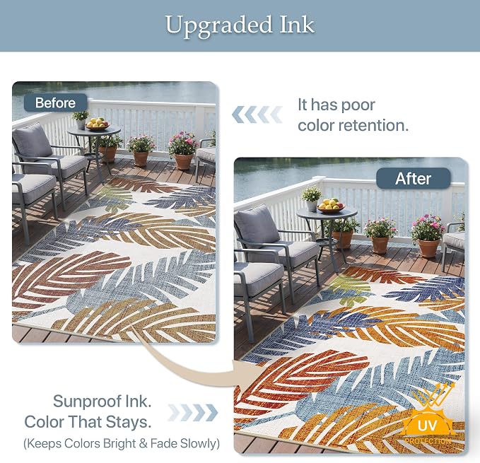 GENIMO Outdoor & Indoor Area Rug 4'x6', Waterproof, Non-Shedding, Easy Cleaning, Leaf Mat for Patio, Living Room, Balcony, Dining Room, RV, Deck, Bedroom, Camping, Outside Carpet, Tropical Rust