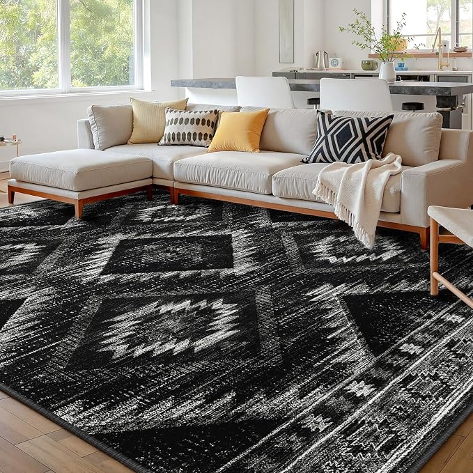 9'x12' Washable Area Rug for Living Room Bedroom Black | Soft Western No Slip Low Pile Print Foldable Indoor for Kitchen Dining Room