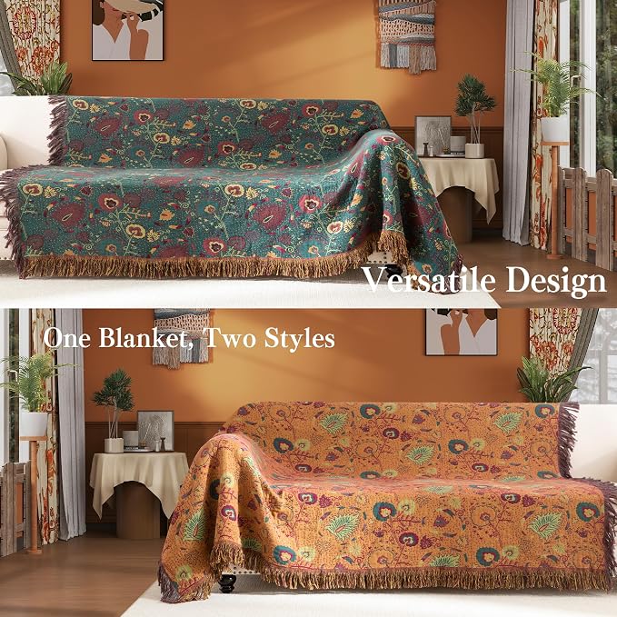 Phuryllic Boho Throw Blanket Full Size, Extra Large Soft Cozy Cotton Muslin Quilt Blanket for Bed Decor, Floral Patterned Couch Sofa Chair Cover, Vintage Farmhouse Cottage Woven Blanket, Green&Orange