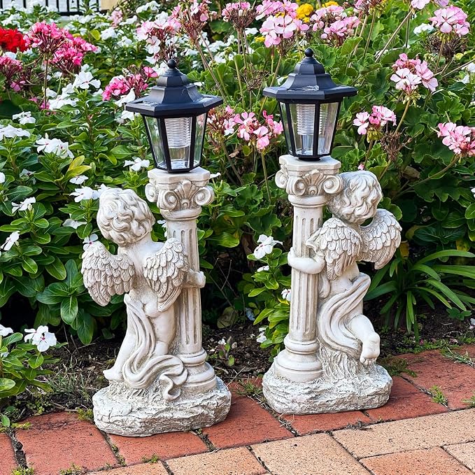 Angel Statue with Solar Lights (Left) 19.7 Inch, Outdoor Solar Angel Garden Statue with Roma Pillar for Garden Lawn Deocr, Christian Religious Gift