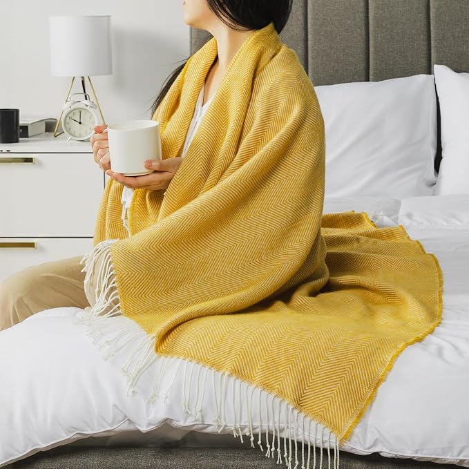 PAVILIA Yellow Herringbone Throw Blanket for Couch Bed, Decorative Outdoor Throw Blanket, Faux Cashmere Blanket Throw, Lightweight Accent Sofa Blanket Throw, 50x60