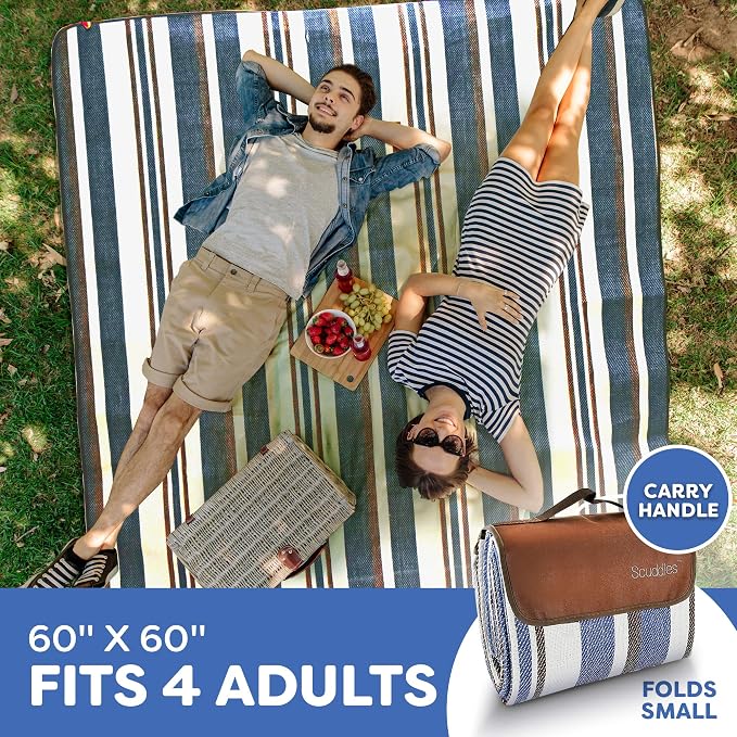 scuddles Waterproof Picnic Blanket 60" x 60" for Beach, Camping and Travel