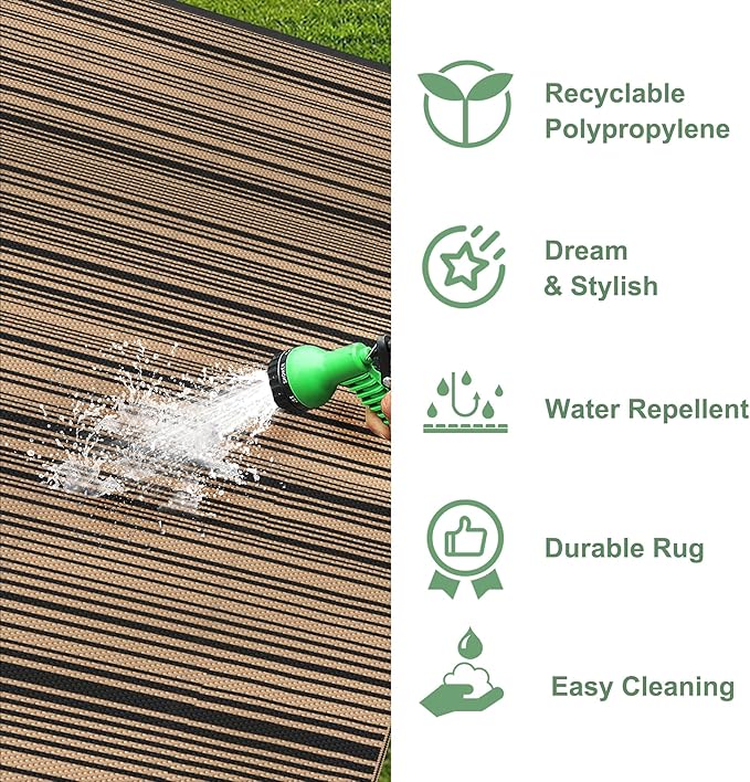 GENIMO Outdoor Rug for Patio Clearance, 10'x14' Reversible Plastic Straw Rugs, Lightweight Waterproof RV Camping Mat for Camper, Balcony, Deck, Backyard, Picnic, BlackBrown