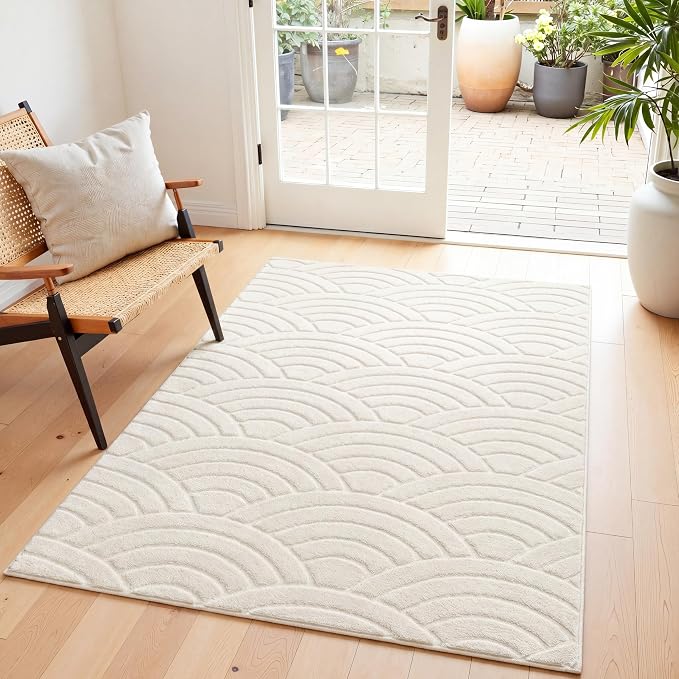 SHACOS Soft Cozy Fluffy Arch Waves Pattern High-Low Textured Area Rug 3'x5' | Non Slip Washable Minimalist Modern Graphic Rainbow Carpet for Living Room Bedroom, Cream
