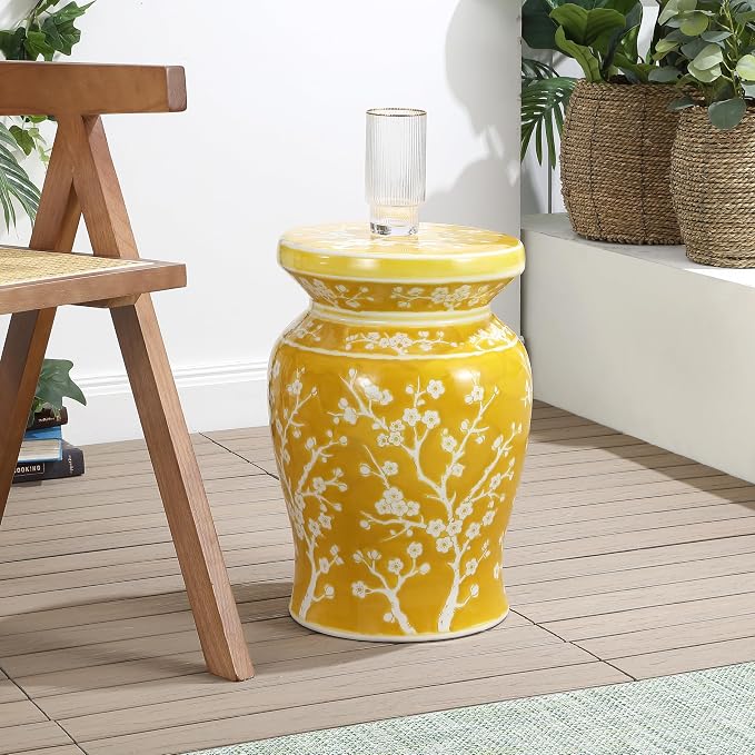 JONATHAN Y Cherry Blossom Ceramic Garden Stool 17.75" Chinoiserie Floral Drum Side Table for Patio and Living Room, Indoor Outdoor Plant Stand, Traditional, Yellow/White TBL1017E
