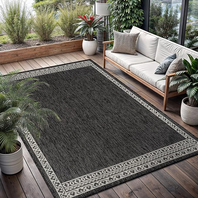 Washable Outdoor Rug 6x9 Modern Area Rugs Outdoor Carpets Bordered Pattern Non Shedding Waterproof Easy Clean Patio Deck Porch Living Room Bedroom Garden RV (6 X 9 Dark Gray)