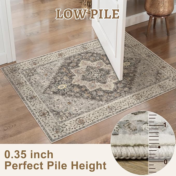 Tangsoo Washable Round Area Rugs 5ft, Vintage Non Slip Circle Rug Low Pile | Farmhouse Soft Circular Rugs, Oriental Round Carpet for Living Room Bedroom Dining Room Nursery Office Grey Home Decor