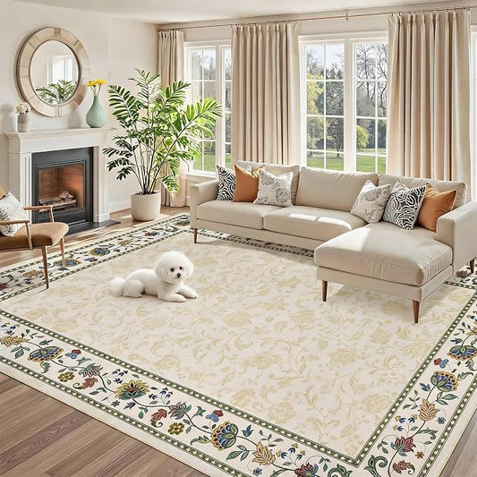 Garvee 8x10 Vintage Floral Washable Rugs for Living Room Bedroom Rug | Beige Boho Border Area Rug Stain Resistant Easy Cleaning Throw Rugs Low Pile Floor Cover for Nursery Dining Room Apartment
