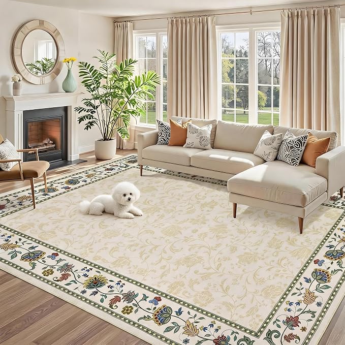 Garvee 5x7 Area Rugs Vintage Floral Washable Rugs Living Room | Beige Boho Border Area Rug Stain Resistant Easy Cleaning Throw Rugs Non Shedding Low Pile Floor Cover for Nursery Dining Room
