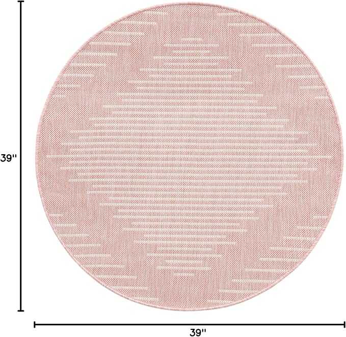 Unique Loom Outdoor Modern Collection Area Rug - Tambor (3' 3" Round, Pink/ Ivory)