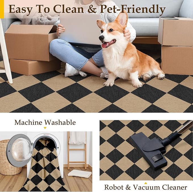 PureCozy 2'6"x8' Checkered Easy Jute Runner Rug Non Slip Hallway Kitchen Washable Outdoor Rug for Entryway Indoor Checkerboard Black Indoor Outdoor Long Carpet for Bedside Entry Front Door Porch