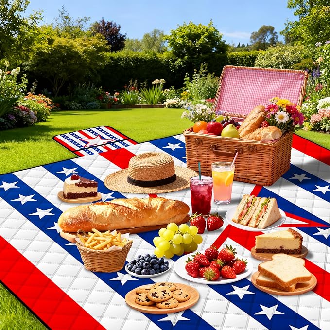 Poedist Extra Large Picnic Blanket Waterproof,80"x 80"Foldable Machine Washable Beach Blanket,Outdoor Blanket for 6-8 Adults, for Indoor Crawling,Park Beach,Camping,Hiking,Family Travel(Patriotism)