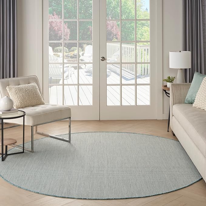Nourison Home Courtyard Ivory Aqua 8' x Round Area Rug - Easy Clean, Non Shedding, Bed Room, Living Room, Dining Room, Kitchen (8' x Round)