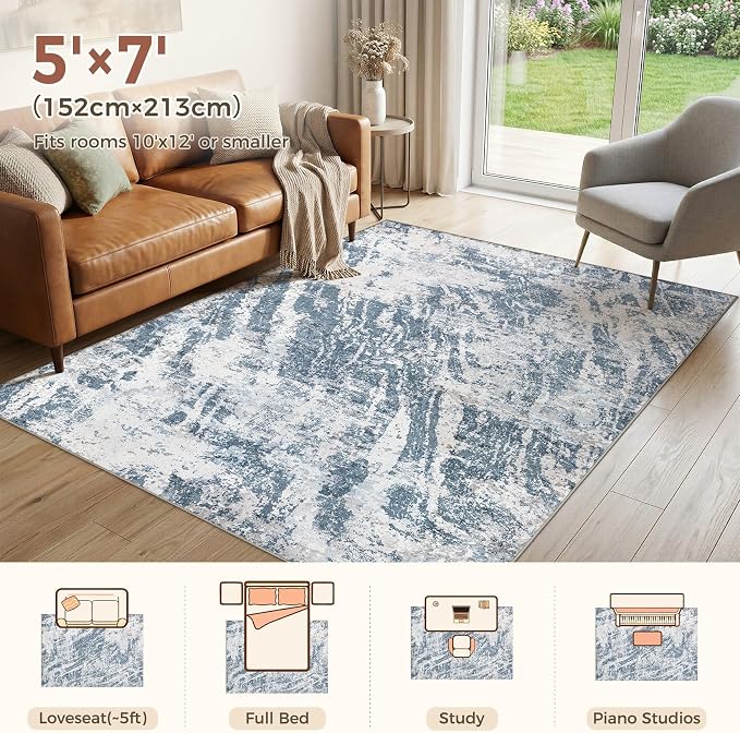 DMOYEST 5x7 Area Rug for Living Room Washable Abstract Indoor Carpet | Neutral Modern Low Pile Rugs Kid & Pet Friendly Large Soft Thin Carpet for Bedroom Dining Room and Office - Blue Light